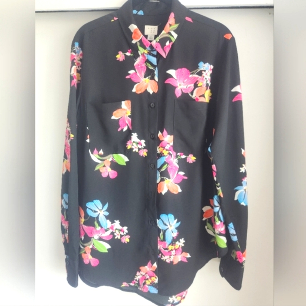 A New Day Floral Black Women's Long Sleeve Blouse Size Large NWOT